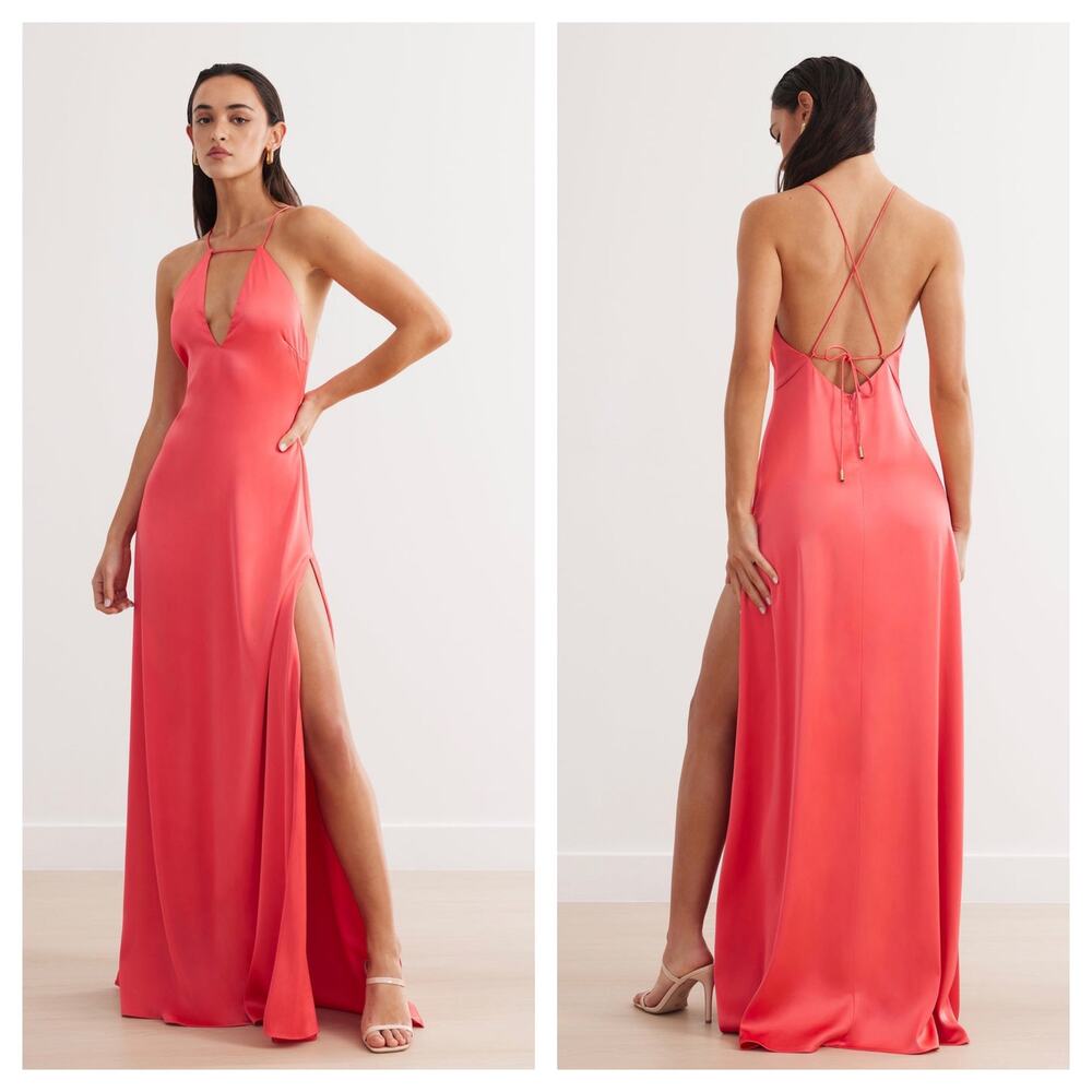 Lexi Clothing The Bali Maxi Dress Size 6 Pink Satin Lace Up Back Plunge Cocktail